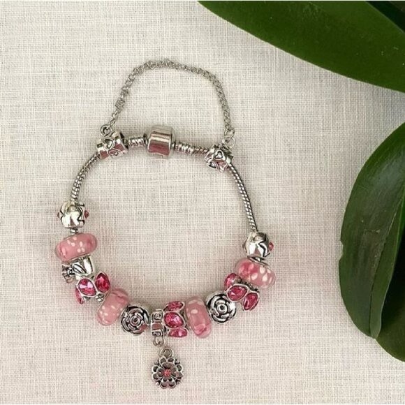 Murano Glass Pink Crystal Charm Bracelet 7.5" with Crystals From Swarovski - Picture 1 of 8
